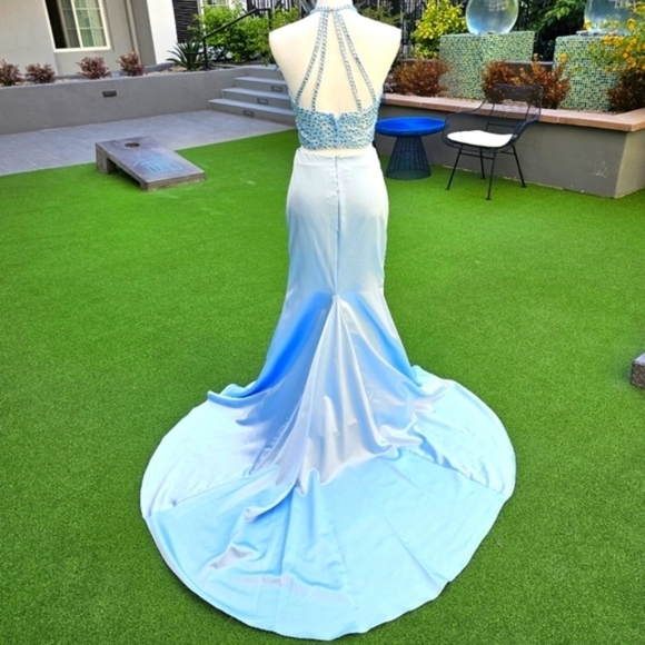 Sherri Hill Crystal Halter Gown Set ✦ Light Blue 2‑Piece Prom Dress w/ Train ✦ 4 - Picture 4 of 17